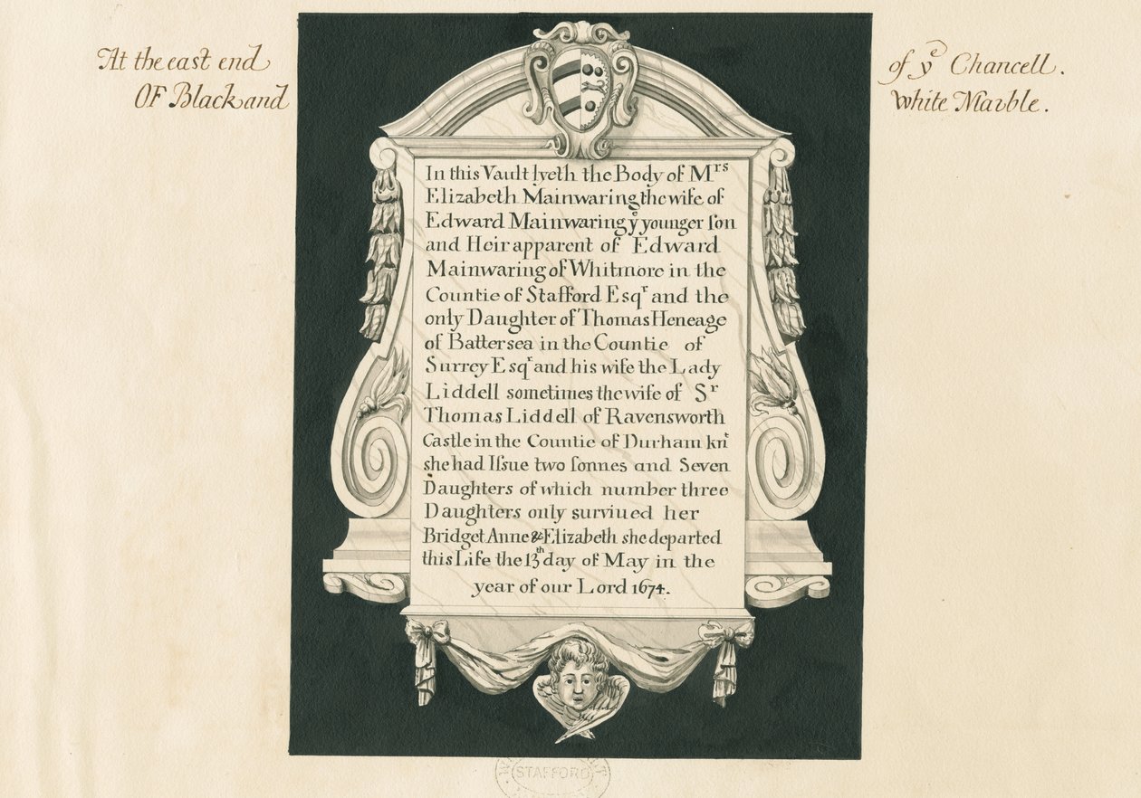 Whitmore Church – Tábla Mrs. Elizabeth Mainwaringnak: toll és mosó rajz, nd [19. század] alkotó: John Robert Fernyhough