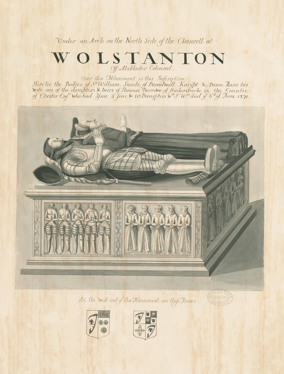 Wolstanton templom – Sir William Sneide és Dame Anne sírja: szépia és tollrajz, nd [?19. század] (rajz) alkotó: John Robert Fernyhough
