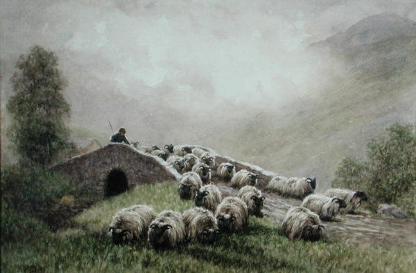 Felvidéki híd pásztorral és nyájjal (akvarell papíron) alkotó: John Robert Keitley Duff