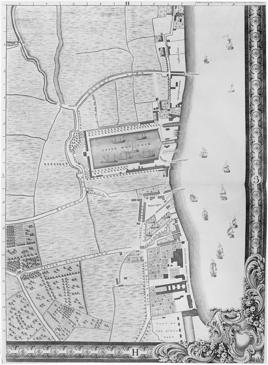 Az Alsó-Rotherhithe-dokkok térképe, London, 1746 (metszet) alkotó: John Rocque
