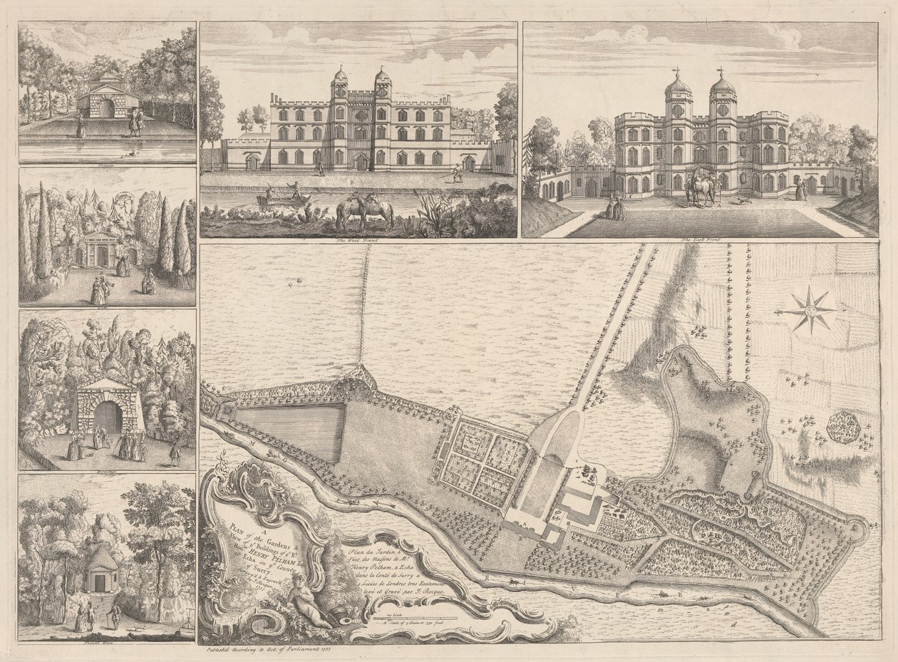 Henry Pelham, Esqr. Kertek terve és épületeinek képe. Echában, Surrey Ye megyében alkotó: John Rocque