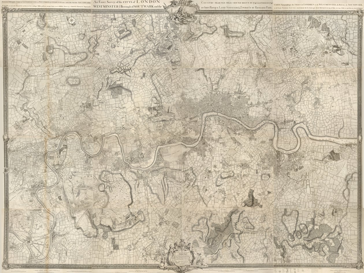 Egy 18. századi londoni térkép. A londoni város, Westminster ye Southwark városrész és a közel tíz mérföldes ország pontos felmérése 1741-ben kezdődött és 1745-ben ért véget / John Rocque földmérő és (metszett) Richard Parr. alkotó: John Rocque