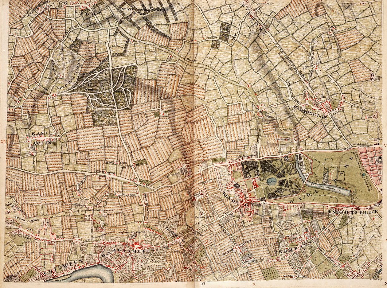Acton, Paddington, Hyde Park és Kensington térképe alkotó: John Rocque