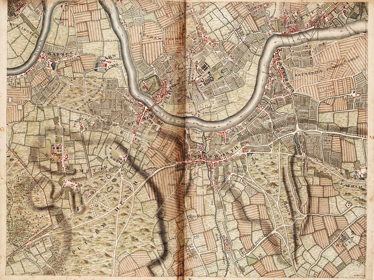 Barnes, Battersea, Putney és Wandsworth térképe alkotó: John Rocque
