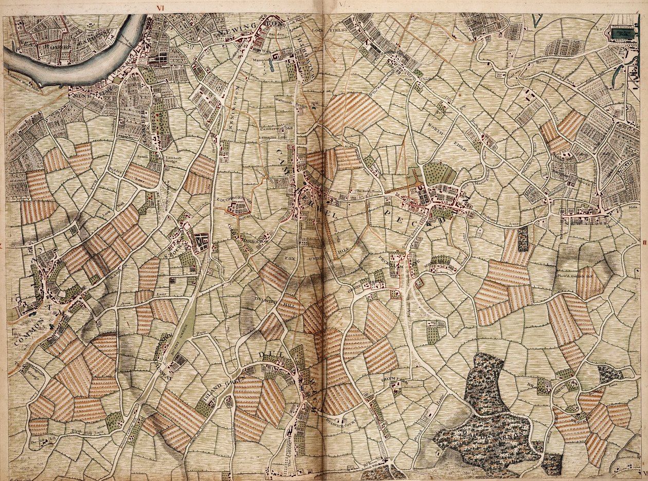 Vauxhall, Clapham, Peckham és Dulwich térképe alkotó: John Rocque