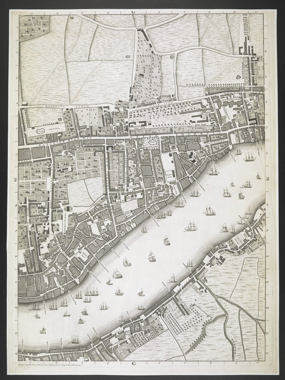London terve, Ratcliff autópálya, Upper Shadwell út,  London és Westminster városok, valamint Southwark városának terve; : a szomszédos épületekkel; Egy tényleges felmérésből, / JOHN ROCQUE földmérő és John Pine metszetéből,  J alkotó: John Rocque