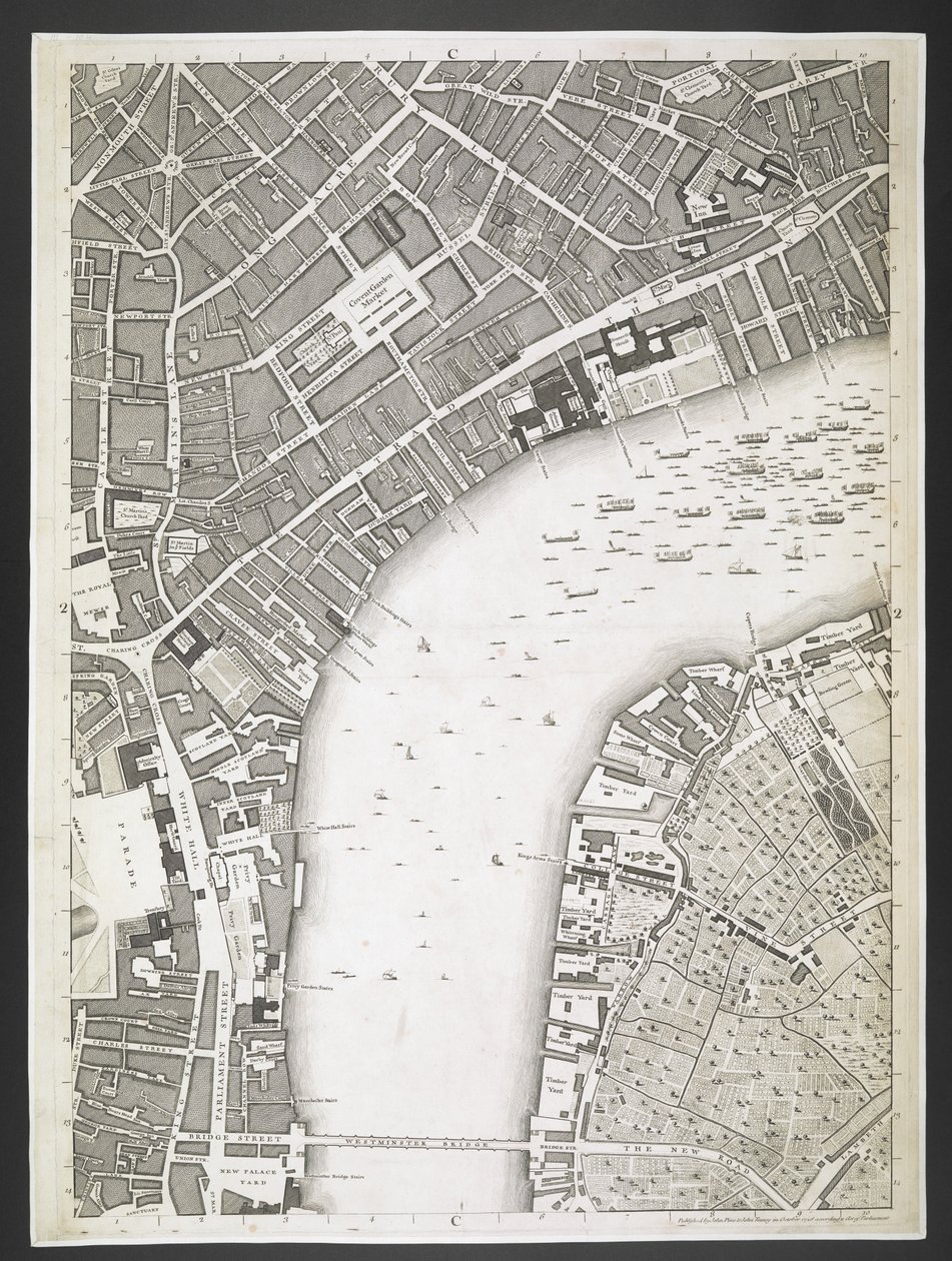 London terve, The Strand, Westminster híd,  London és Westminster városok, valamint Southwark városának terve; : a szomszédos épületekkel; Egy tényleges felmérésből, / JOHN ROCQUE földmérő és John Pine metszetéből,  John Rocq alkotó: John Rocque