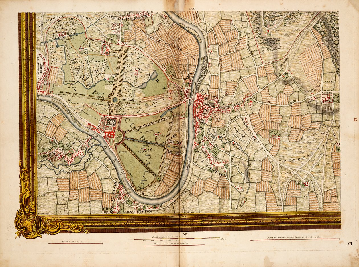 16. lap: London és Westminster városainak, Southwark kerületének, valamint a tíz mérföldre lévő vidéknek a pontos felmérése.... alkotó: John Rocque