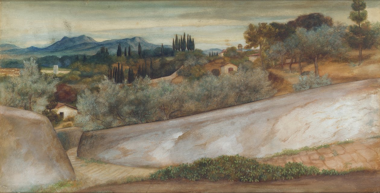 Toszkán táj faluval és olajfaligettel alkotó: John Roddam Spencer Stanhope