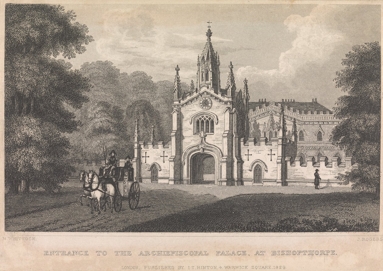 A Bishopthorpe-i érseki palota bejárata (kiadó: I. T. Hinton); 34. oldal (Első kötet) alkotó: John Rogers