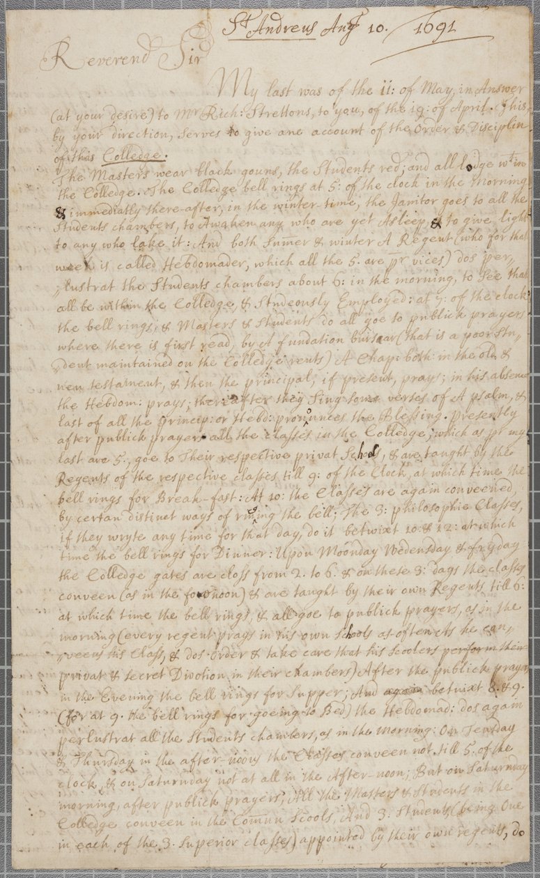 John Row, a St Andrews-i diák levele nagybátyjának 1691-ben alkotó: John Row