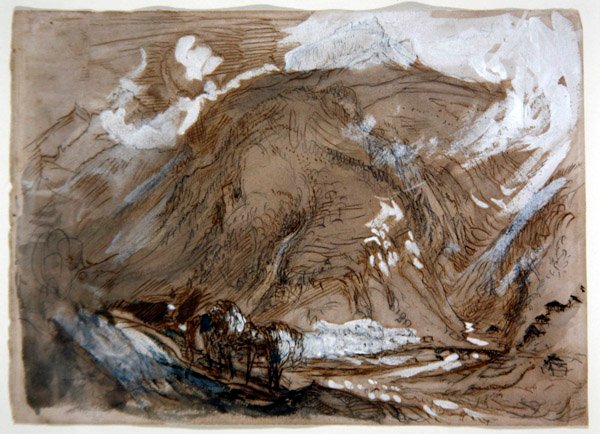 Alpine Valley, 1854 körül (ceruza, tus és akvarell fehérrel kiemelve papíron) alkotó: John Ruskin