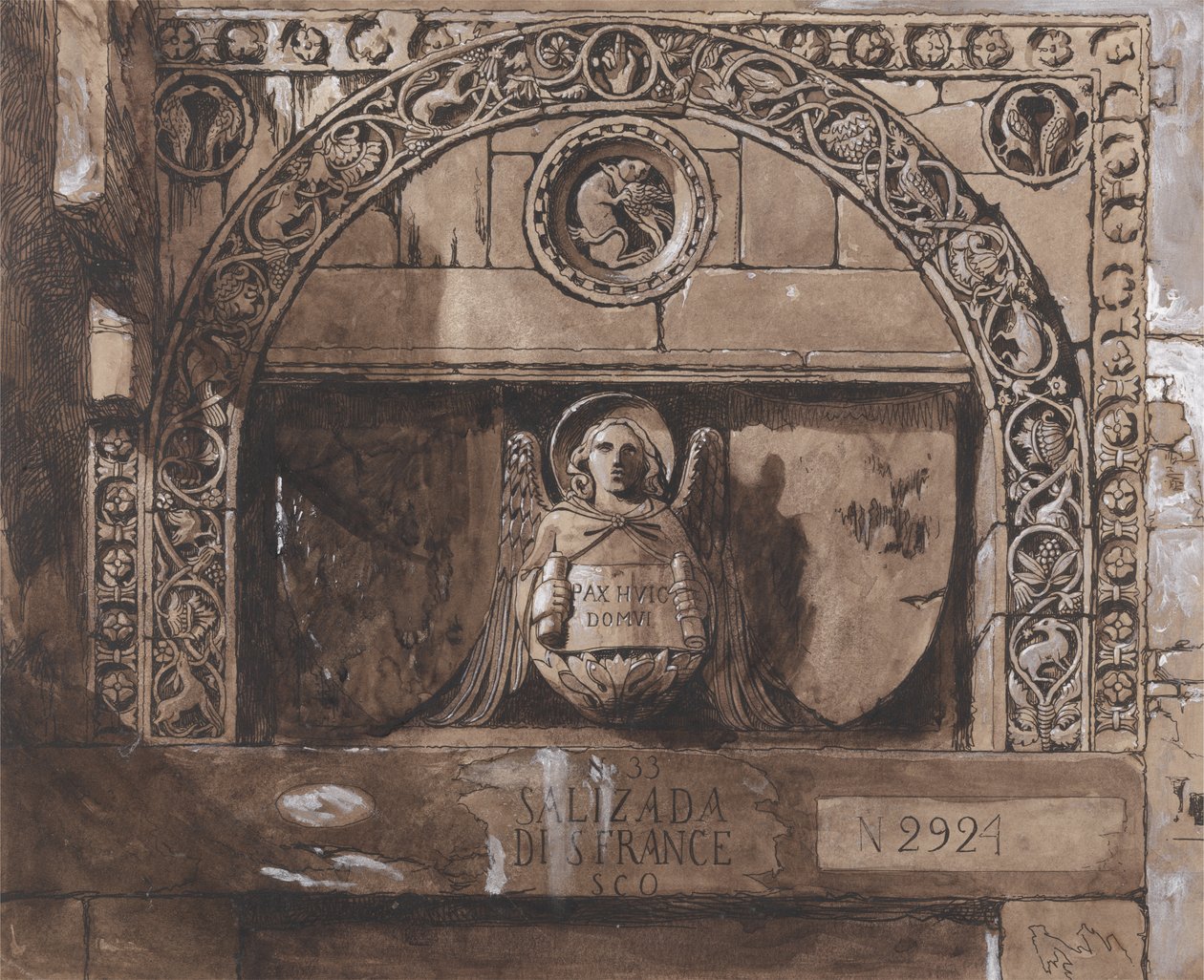 A Palazzo Contarini della Porta di Ferro ajtaja (toll, tinta, mosás és bc papíron) alkotó: John Ruskin