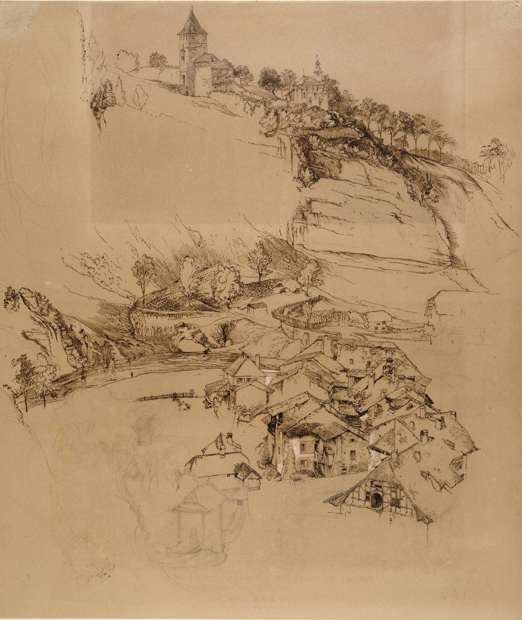 Fribourg, Svájc: Tollvázlat, 1856. július vagy augusztus-szeptember alkotó: John Ruskin