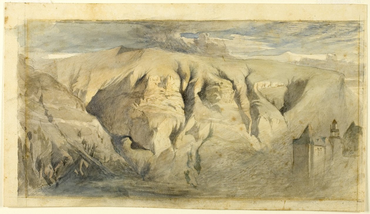 Mont Saleve, 1840 körül (grafitra festett akvarell, krémszínű vattapapírra, krémszínű vattapapírra fektetve) alkotó: John Ruskin