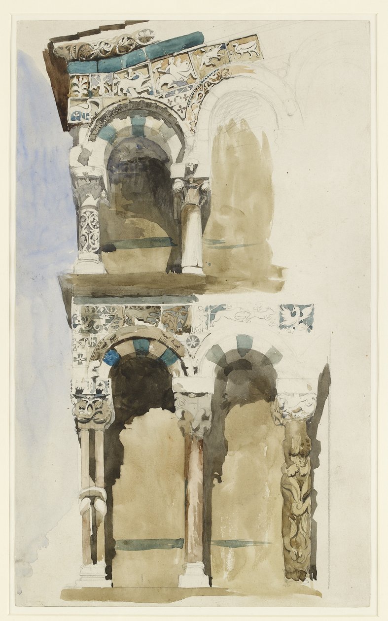 A luccai Foro államban elpusztult San Michele-templom homlokzatának része, színes vázlattal, 1846. június 30. és július 1. között (akvarell grafit felett, szőtt papíron) alkotó: John Ruskin
