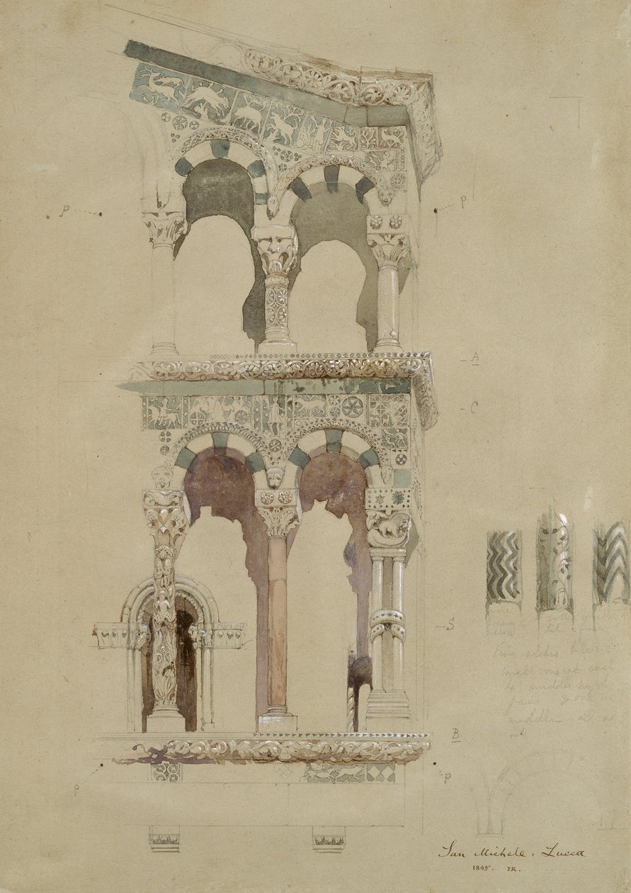 A luccai foro-i San Michele templom homlokzatának része, ahogyan 1845-ben megjelent, Ma alkotó: John Ruskin