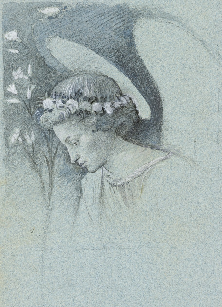 Tanulmány Gábriel angyal fejéről Filippo Lippi „A hirdető angyal” című művében, 1870. június 28. (grafit, akvarell és testfesték kék szőtt papíron) alkotó: John Ruskin