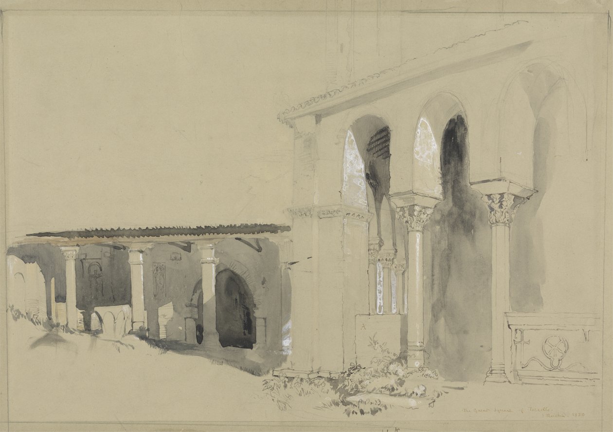 A Torcellói Nagy tér, 1850 (toll, tinta és grafitos mosás, gouache barna szőtt papíron) alkotó: John Ruskin