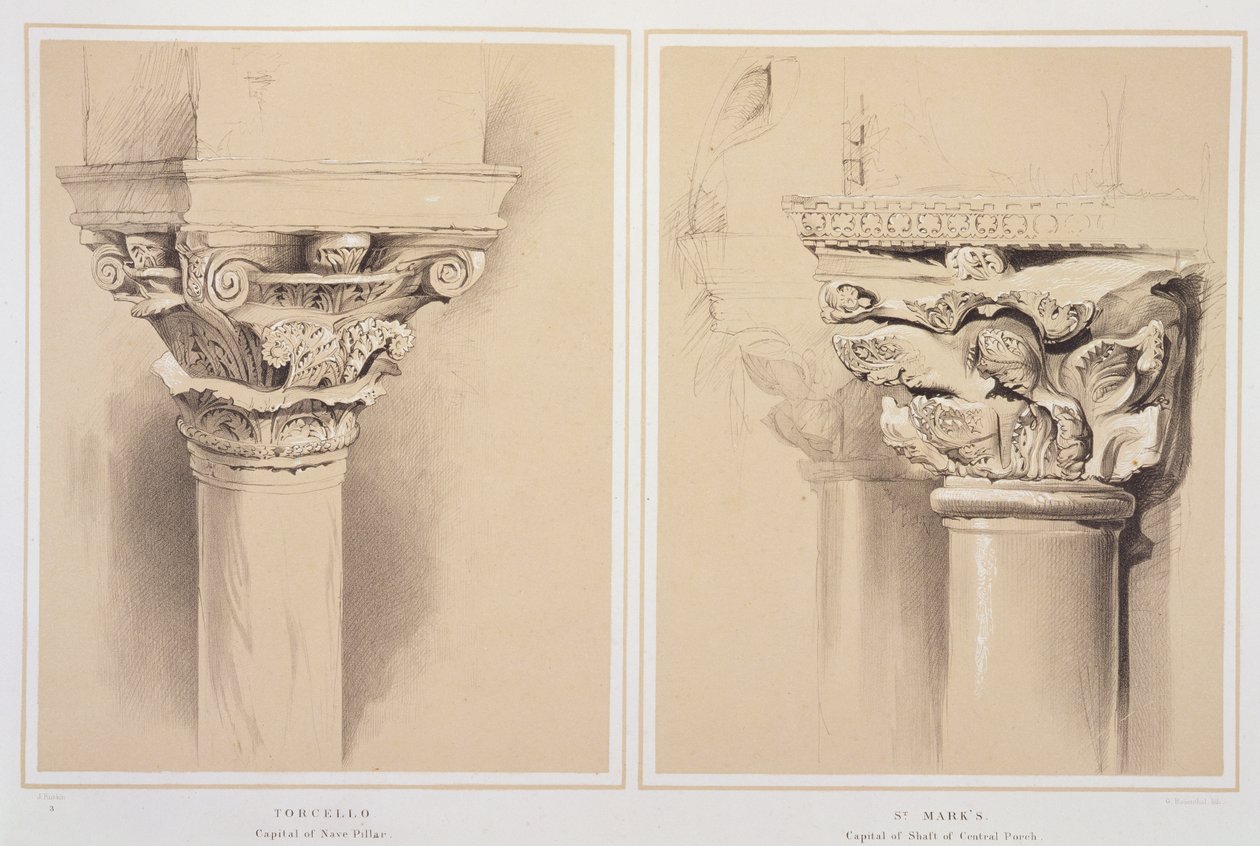 Torcello, a hajóoszlop és a Szent Márk fővárosa, a Central Porch fővárosa, John Ruskin „Példák a velencei építészetre” című művéből, G. Rosenthal metszet, 1851 alkotó: John Ruskin