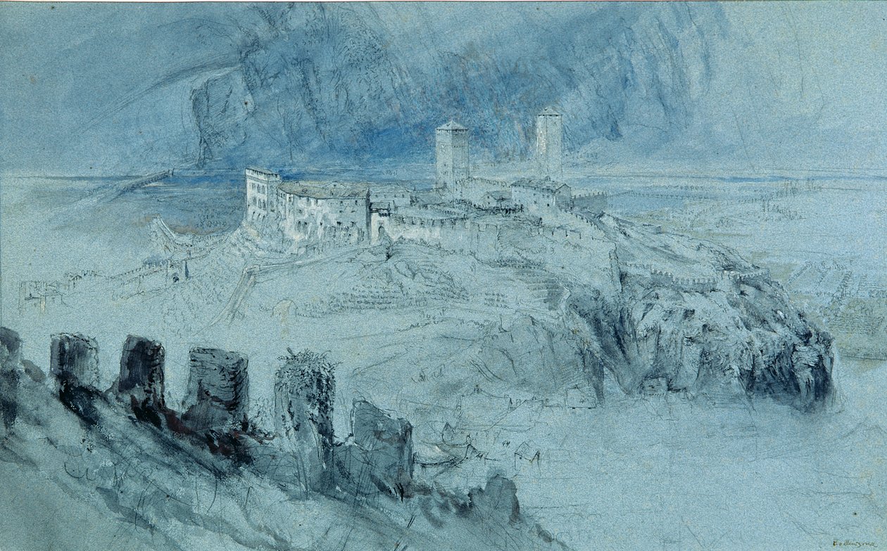 Bellinzona kilátása (szén és wc mosás papíron) alkotó: John Ruskin