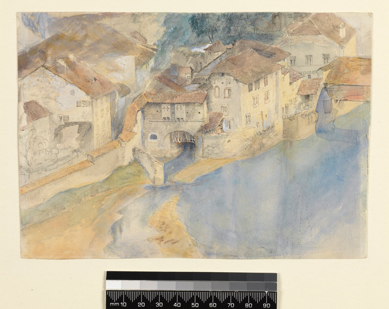 Kilátás Fribourgra, Svájcra, 1854 körül (ceruza, toll, tinta és gouache papíron) alkotó: John Ruskin