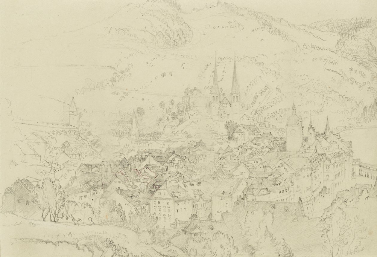 Luzern nézete felülről, 1861. október-december (grafit tollal és tintával halványszürke szőtt papíron) alkotó: John Ruskin