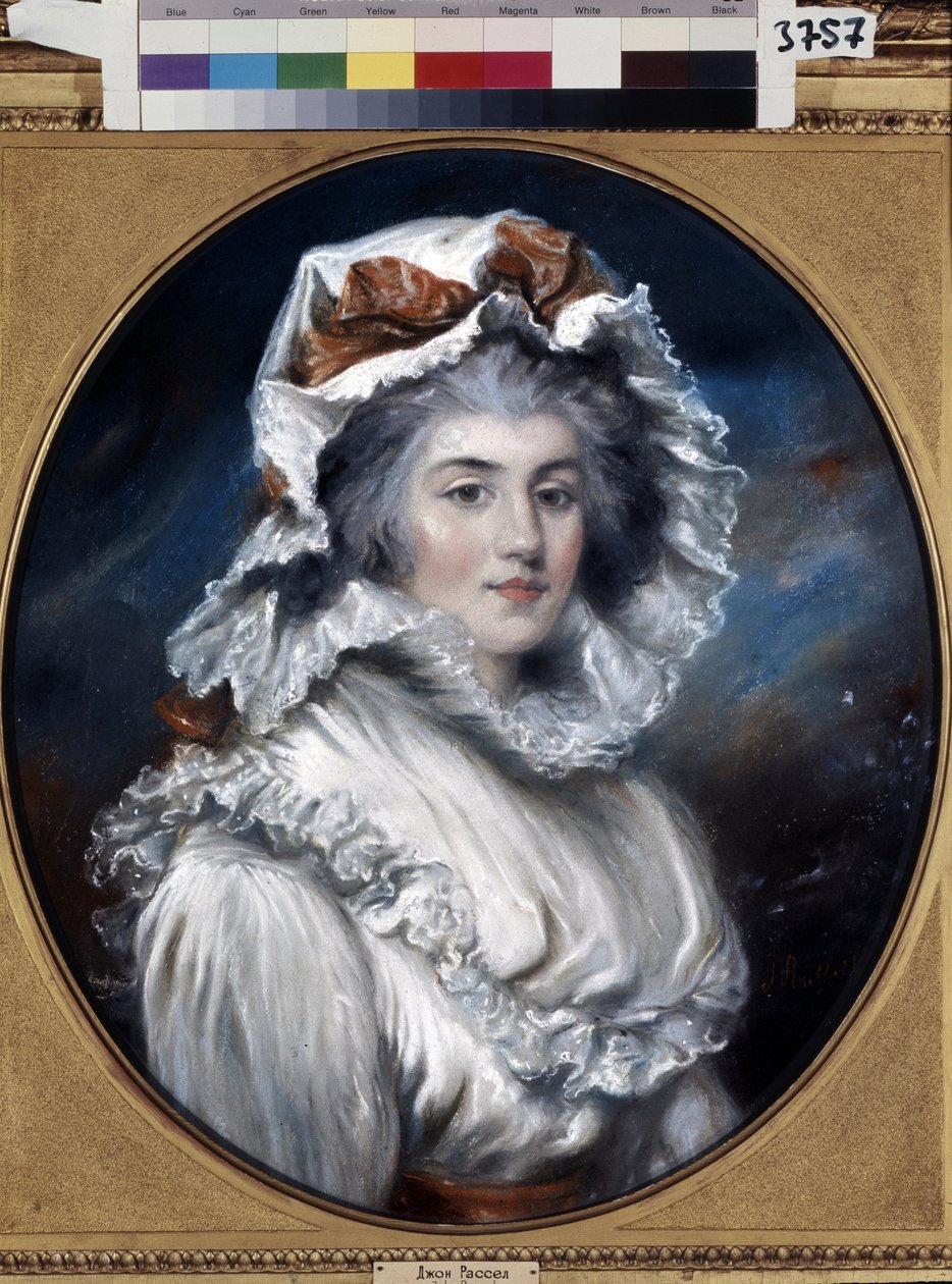 Egy sapkás fiatal nő portréja (sapkás lány portréja). John Russell (1745-1806) rajza. Pasztell, papír, 18. század második fele. 18. századi angol művészet. Ermitázs Múzeum, Szentpétervár. alkotó: John Russel