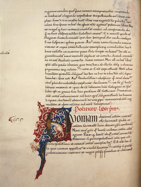 Ms.228, f.90v: Oldal Arisztotelész "Nikomachos etikája és politikája" című művéből. alkotó: John Russell