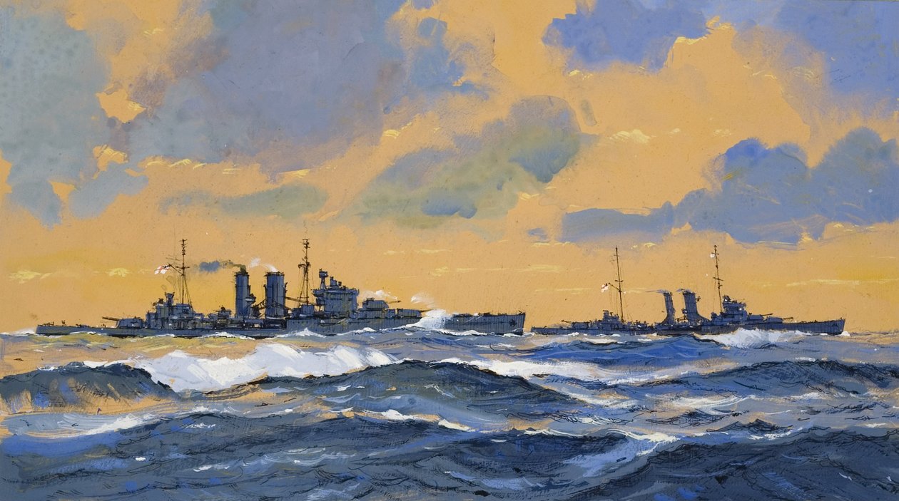 A HMS Exeter és a HMS York brit cirkálók (gouache, papír) alkotó: John S. Smith