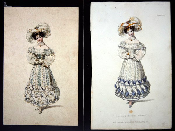 Vázlat és nyomat egy divatlemezről, 1829 körül (ceruza és akvarell papíron és kézzel színezett metszet) alkotó: John Samuel Agar