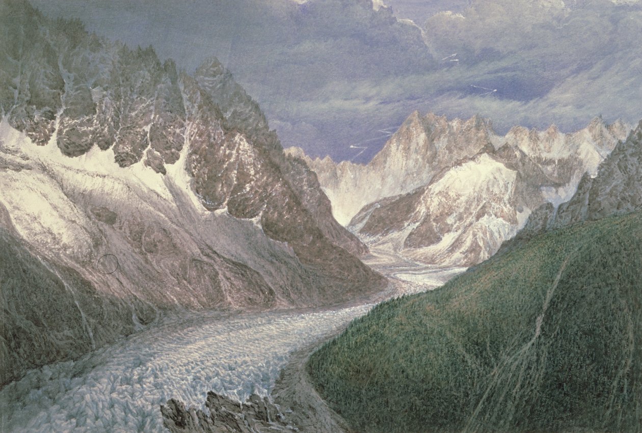 Kilátás a Mer de Glace-re, balról az Aiguille du Moine-nal, jobbra a távolban a Grandes Jorasses-szal, XIX. alkotó: John Scandrett Harford