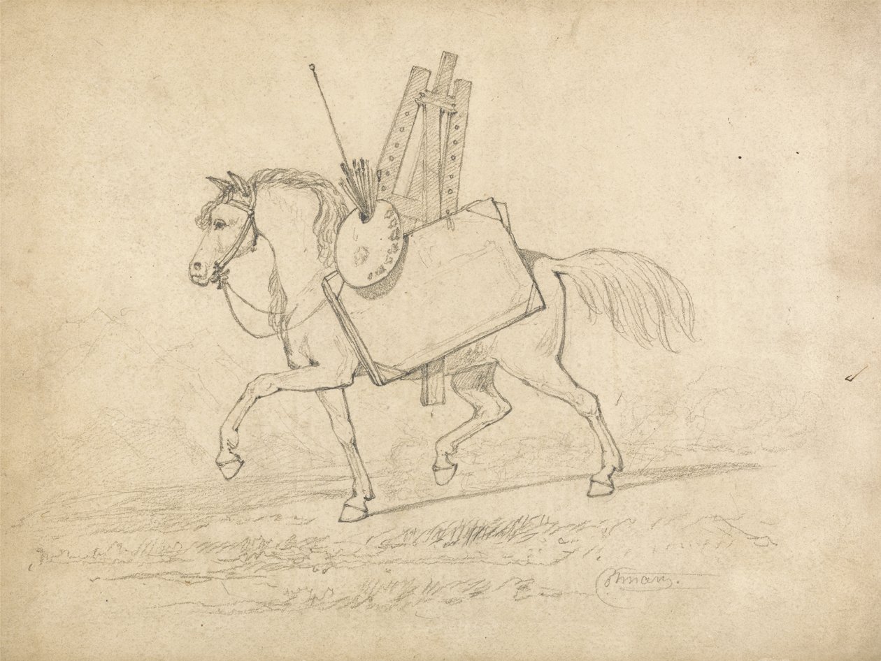 Művész kellékeivel megrakott ló, balra sétál (grafit papíron) alkotó: John Sell Cotman