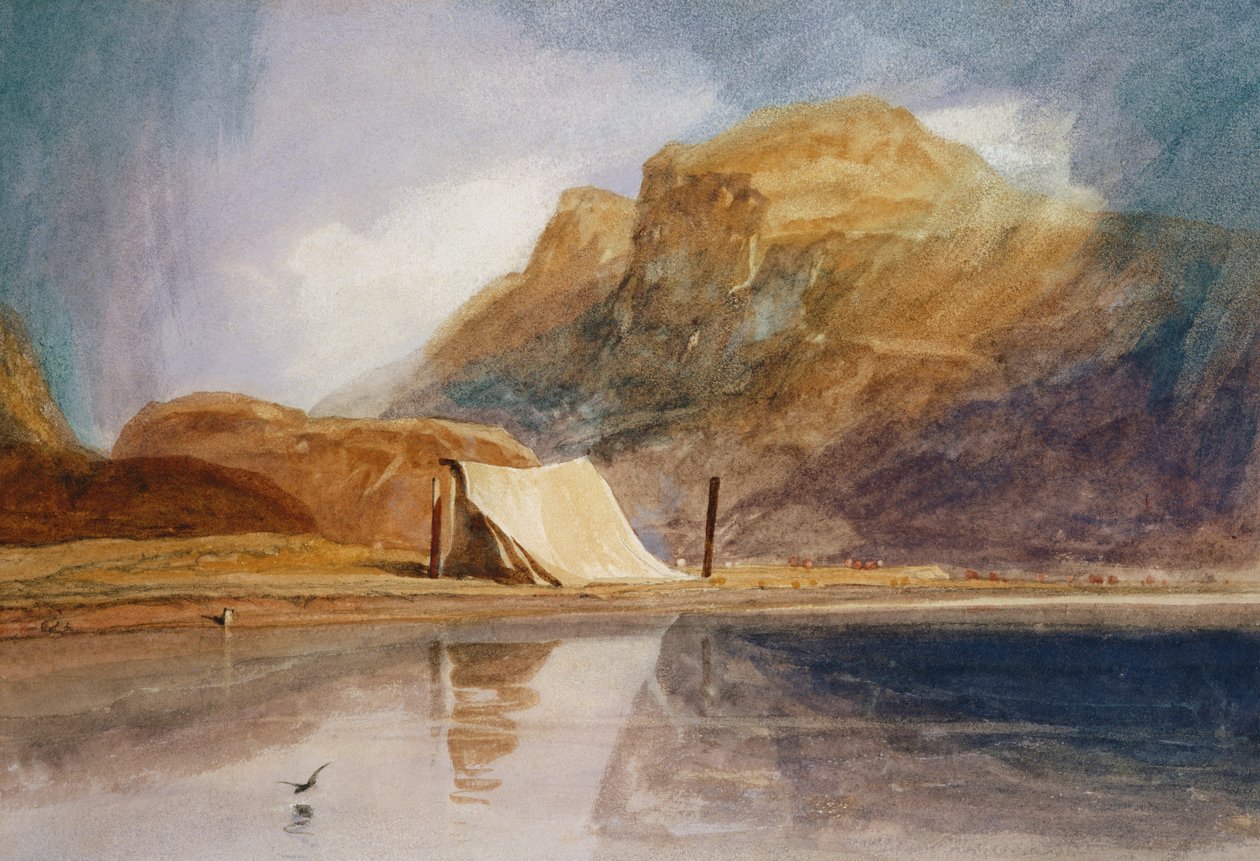 Hegyvidéki tó sátorral a parton alkotó: John Sell Cotman