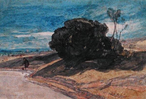 Horgász a folyóparton egy facsoport közelében (akvarell papíron) alkotó: John Sell Cotman