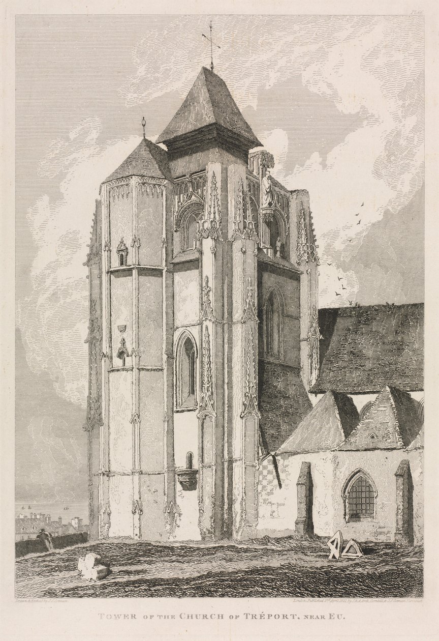 Normandia építészeti régiségei 1. évf. II, Pl. 66: Tréport templom tornya, Eu közelében, 18 alkotó: John Sell Cotman