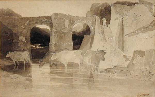 Híd és tehenek (toll és tus, mosás, papír) alkotó: John Sell Cotman