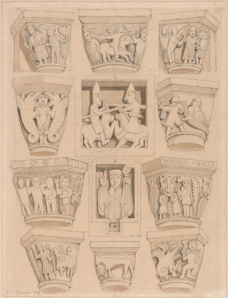 Fővárosok és A & B domborművek a Saint Georges de Bocherville-i apátsági templomban, Rouen közelében, Normandiában alkotó: John Sell Cotman