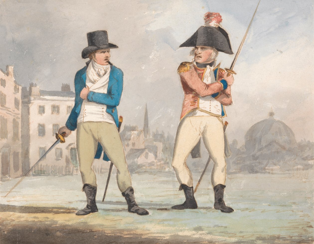 Két kivont kardú férfi karikatúrája (egy a háromból) alkotó: John Sell Cotman