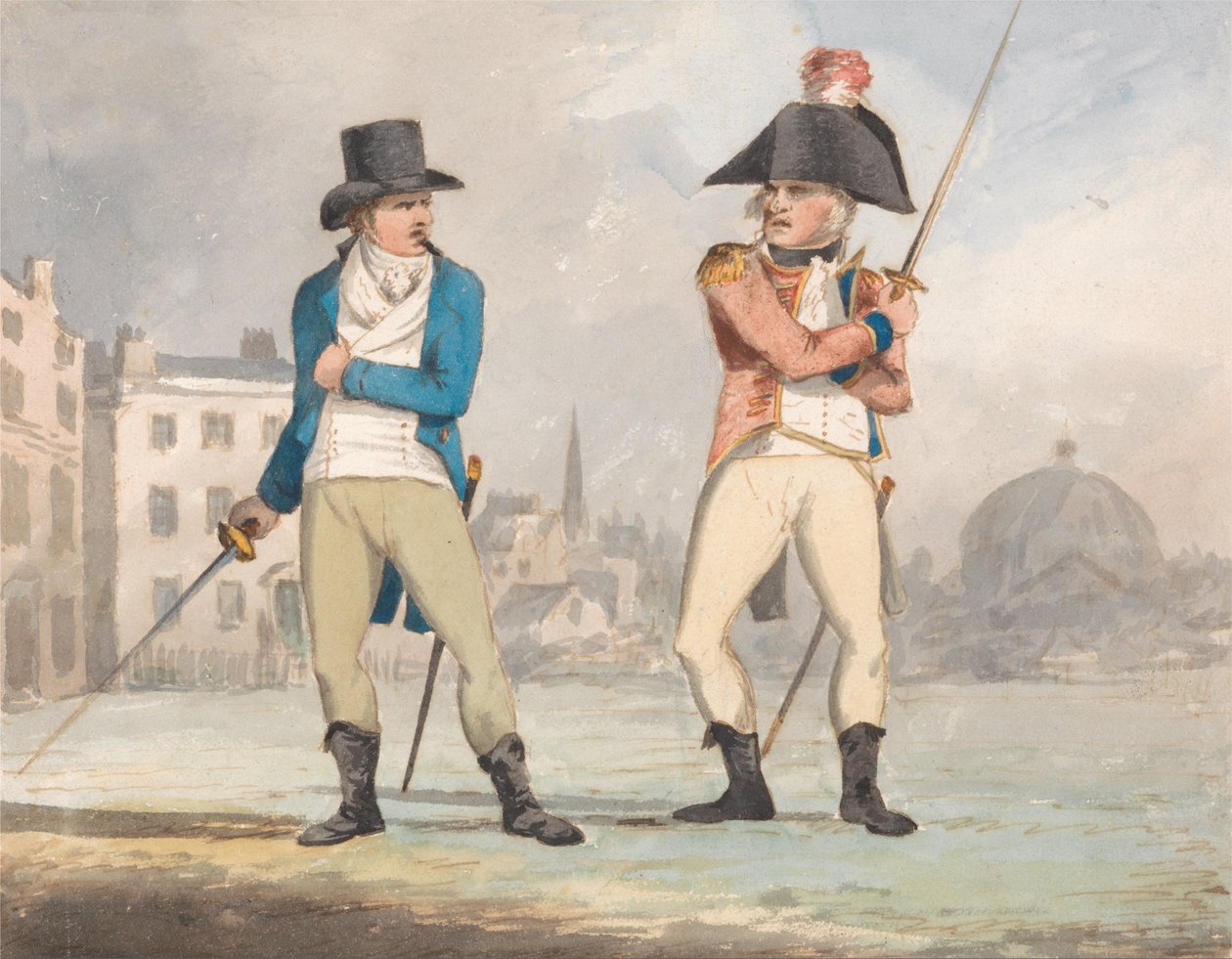 Karikatúra két férfiról, kivont karddal (egy a három darabos készletből) alkotó: John Sell Cotman