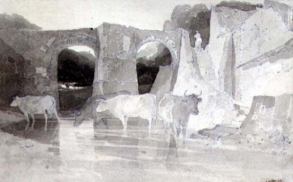 Szarvasmarha a folyóban (toll, tinta és mosás) papíron alkotó: John Sell Cotman