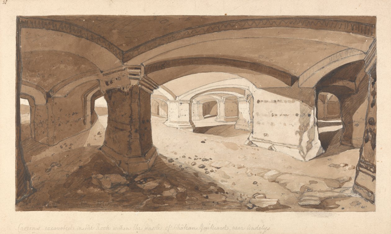 A sziklában feltárt barlangok Chateau Gaillard kastélyában, Andelys közelében, Normandiában alkotó: John Sell Cotman