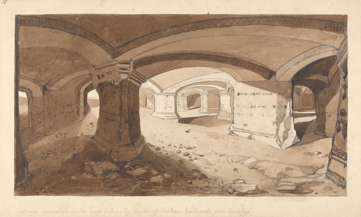 A sziklában feltárt barlangok a Chateau Gaillard kastélyban, Andelys közelében, Normandiában alkotó: John Sell Cotman