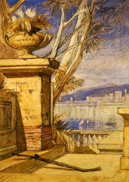 Klasszikus táj urnával: minta a homlokzathoz (ceruza és akvarell papíron) alkotó: John Sell Cotman