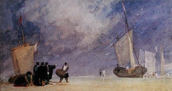 Figures of the Shore Unloading a Boat at Low Tide (toll és barna tinta és akvarell, papír) alkotó: John Sell Cotman