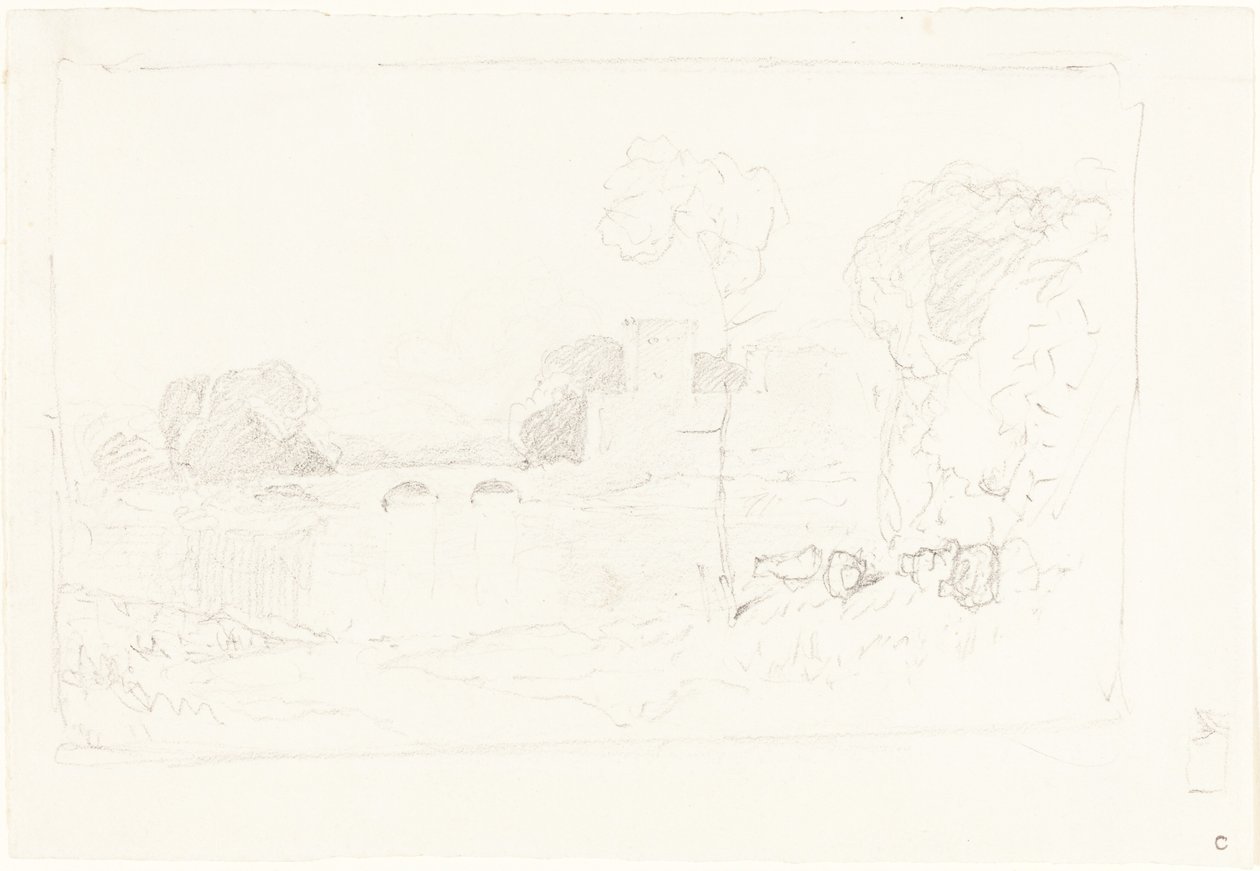 Táj vázlat a híddal és a várral alkotó: John Sell Cotman
