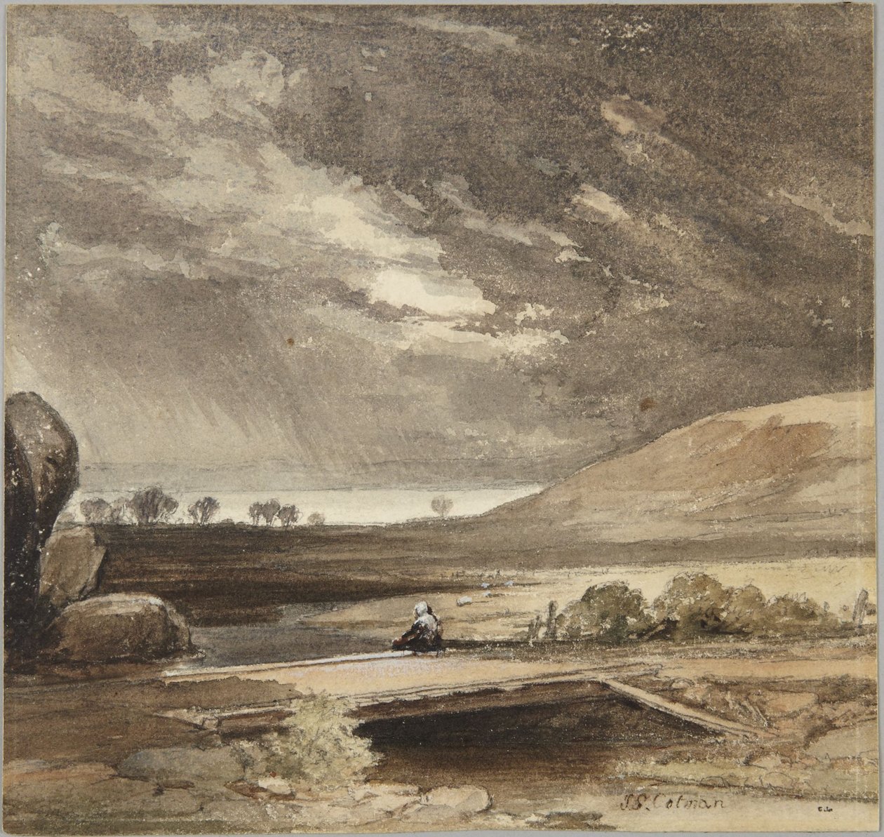 Táj viharos felhőkkel és híddal alkotó: John Sell Cotman