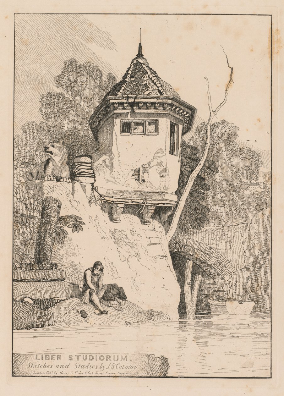 Liber Studiorum; Homlokzat, kilátás egy kertes házra a Yare folyó partján alkotó: John Sell Cotman