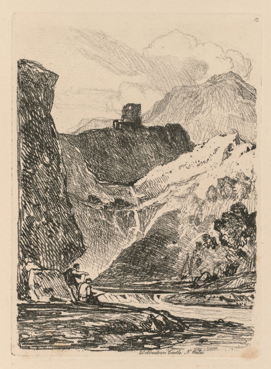 Liber Studiorum: Plate 12, Dolbadern Castle, Llanberris Lake, North Wales, 1838. alkotó: John Sell Cotman