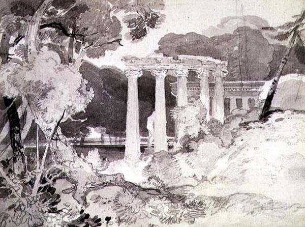 No.1539 Klasszikus oszlopcsarnok erdős tájban (ceruza és tus, papír) alkotó: John Sell Cotman